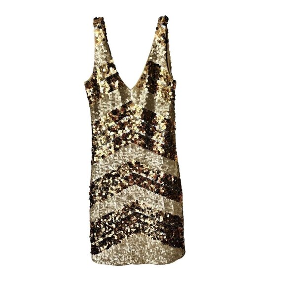 Belle G Jolene Gold Sequin Short V Neck Golden Dress - Picture 2 of 8